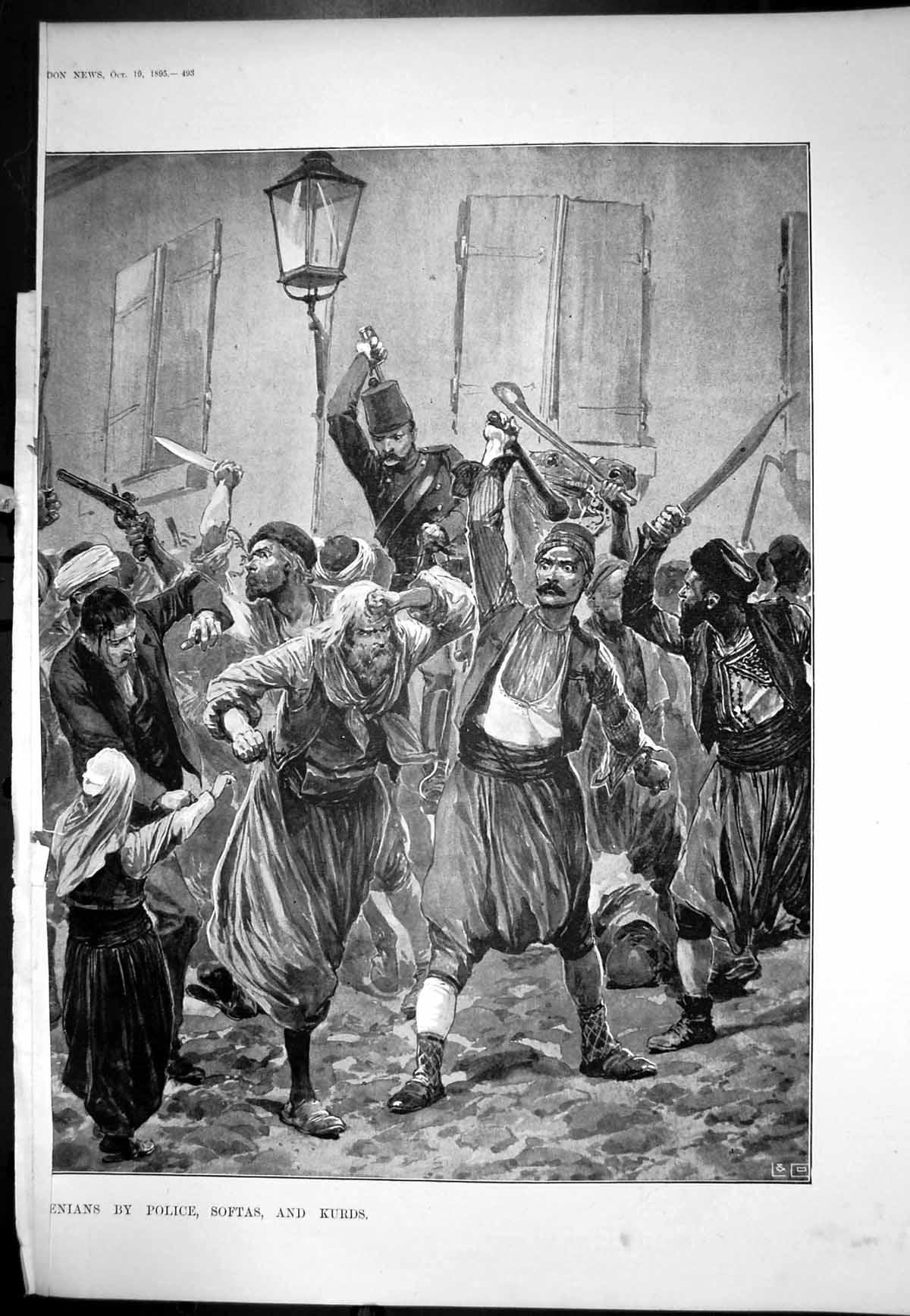 Antique Old Print Street Fighting Police Stas Kurds Rifles Swords Knives 1895
