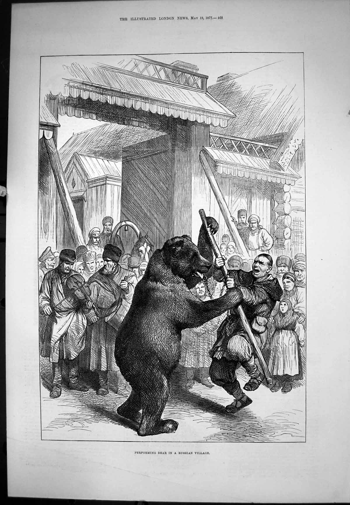 Antique Print Performing Bear Russian Village Violin Drums Spectators 1877 19th