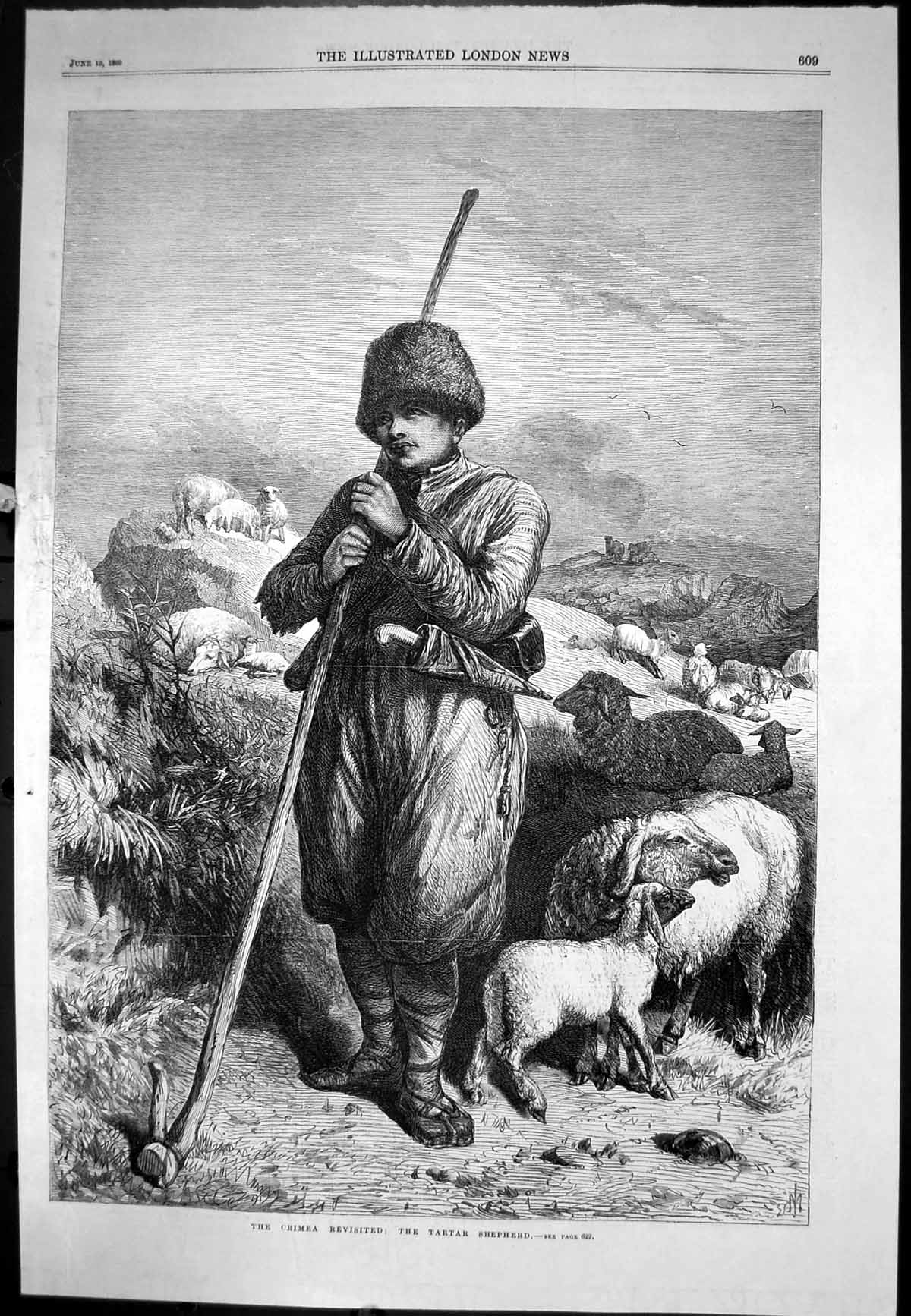 Old Antique Print Crimea Revisited Tartar Shepherd Sheep Lambs Crook 1869 19th