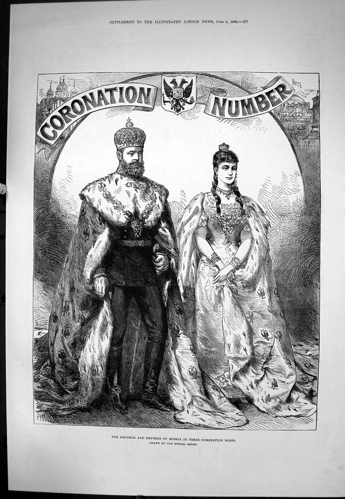Original Old Antique Print Emperor Empress Russia Coronation Robes Crown 1883