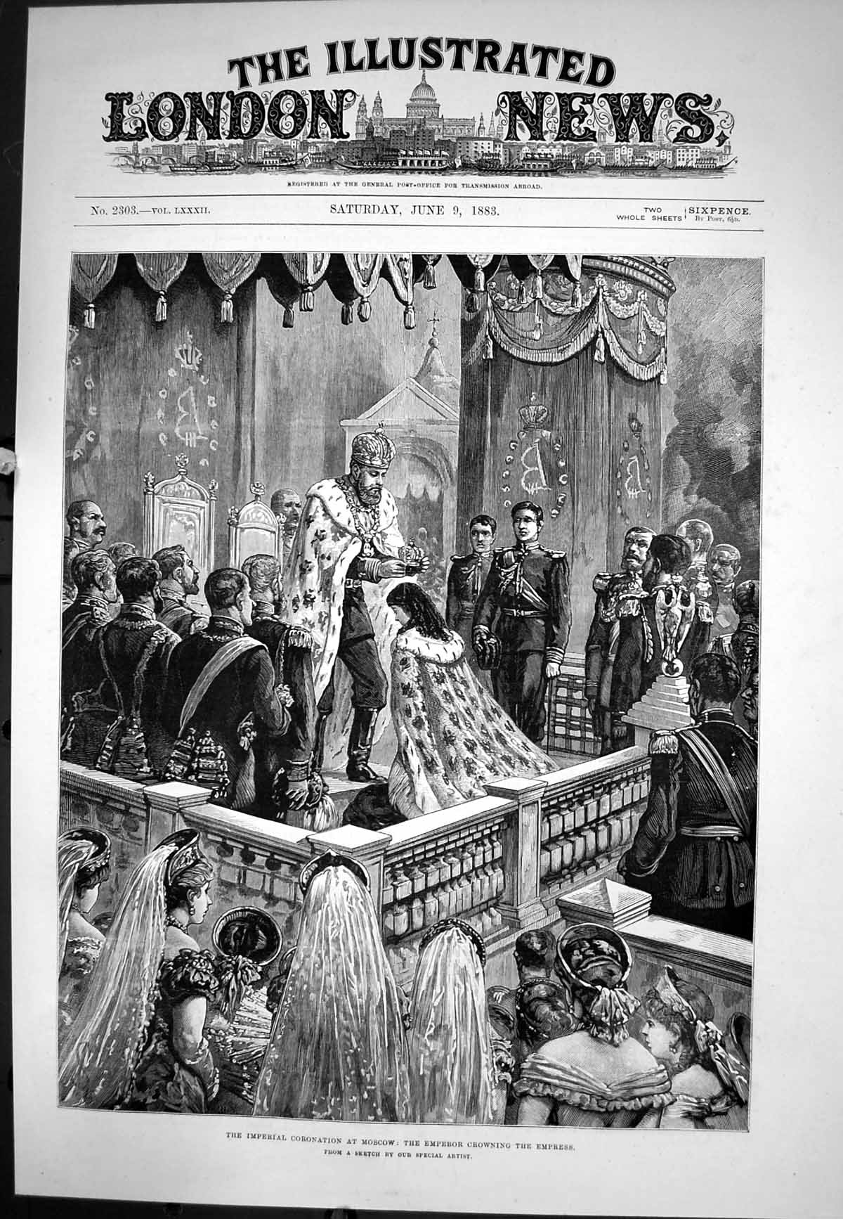 Antique Old Print Imperial Coronation Moscow Empress Crowned By Emperor 1883