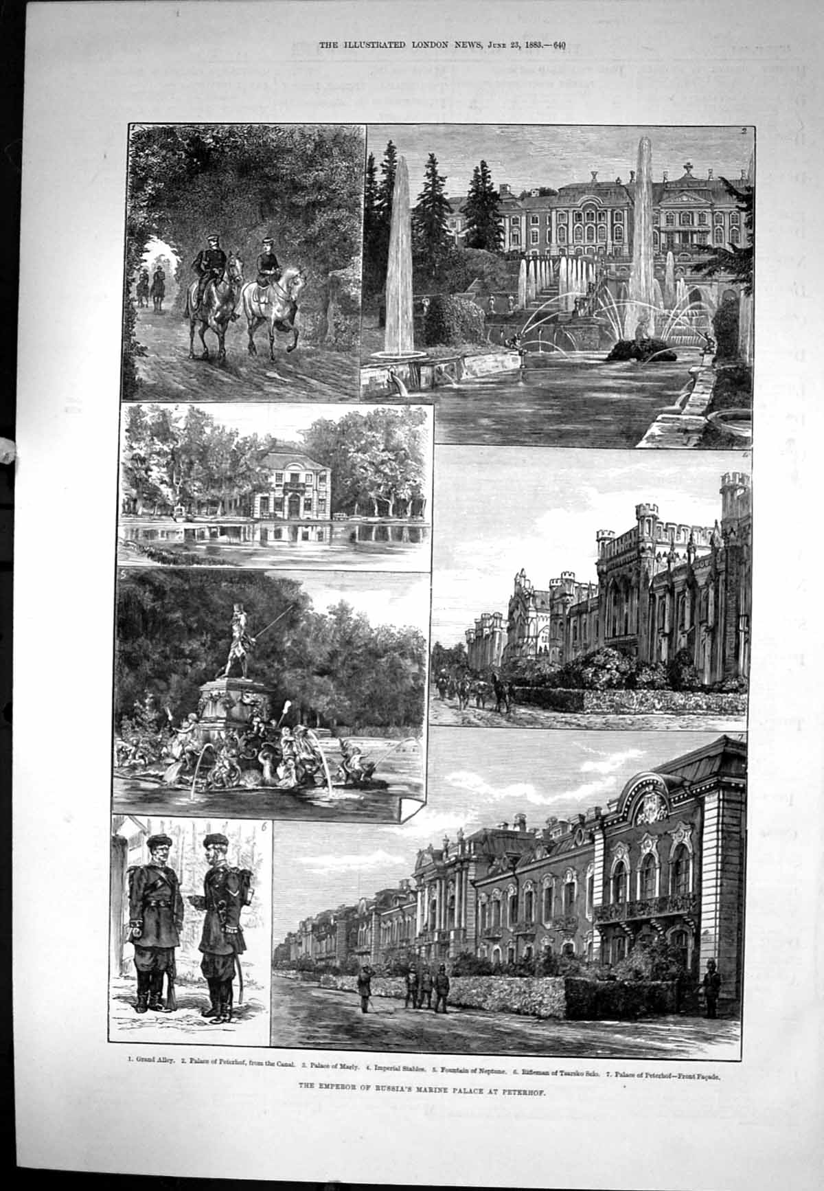 Antique Old Print Emperor Russias Marine Palace Peterh Fountain Neptune 1883