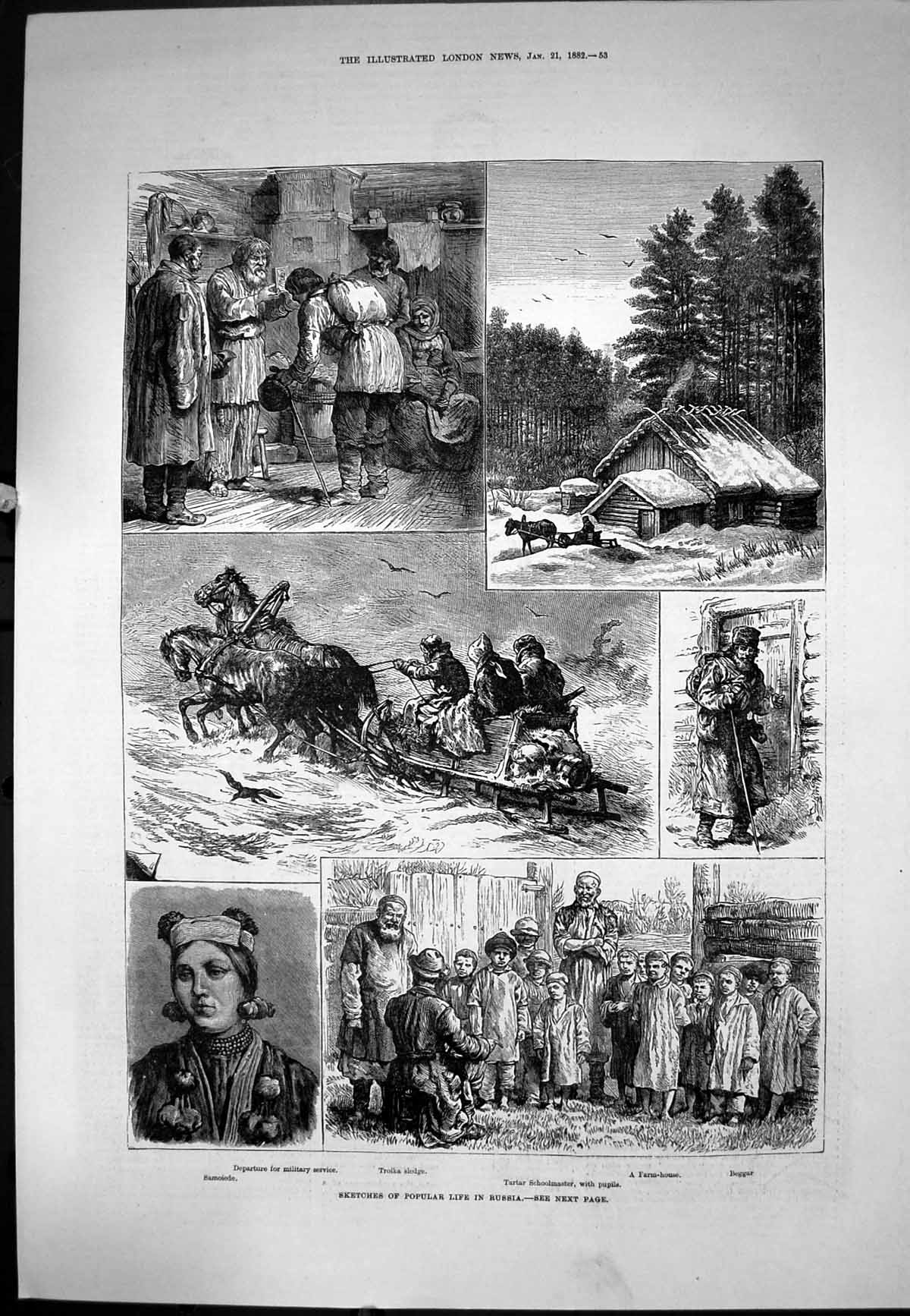 Old Life Russia Troika Sledge Tartar Schoolmaster Pupils Beggar 1882 Victorian