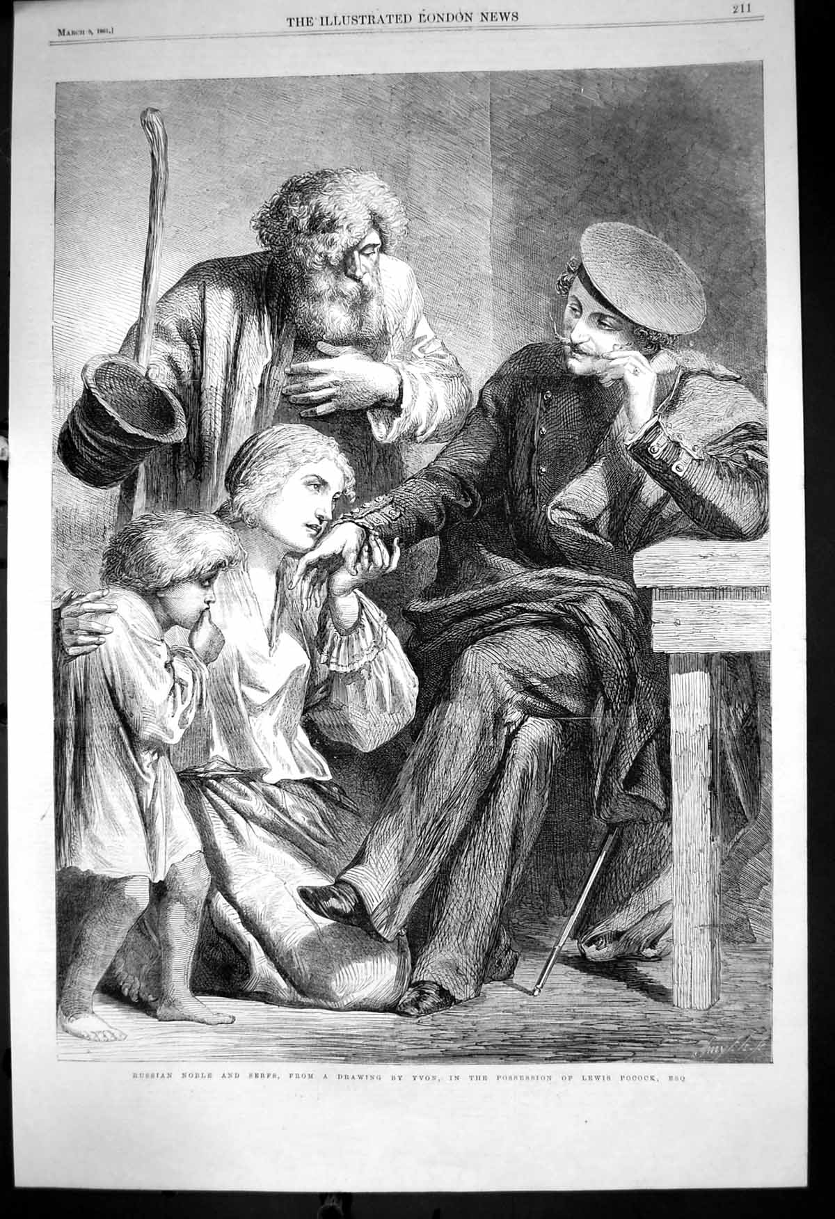Antique Old Print Russian Noble Serfs Yvon Lady Kneeling Child Bare Feet 1861