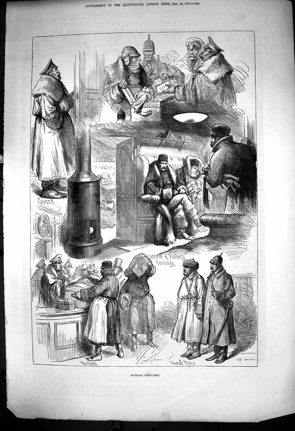 Antique Print Russian Sketches Interior Railway Carriage Guard Porter 1877 19th