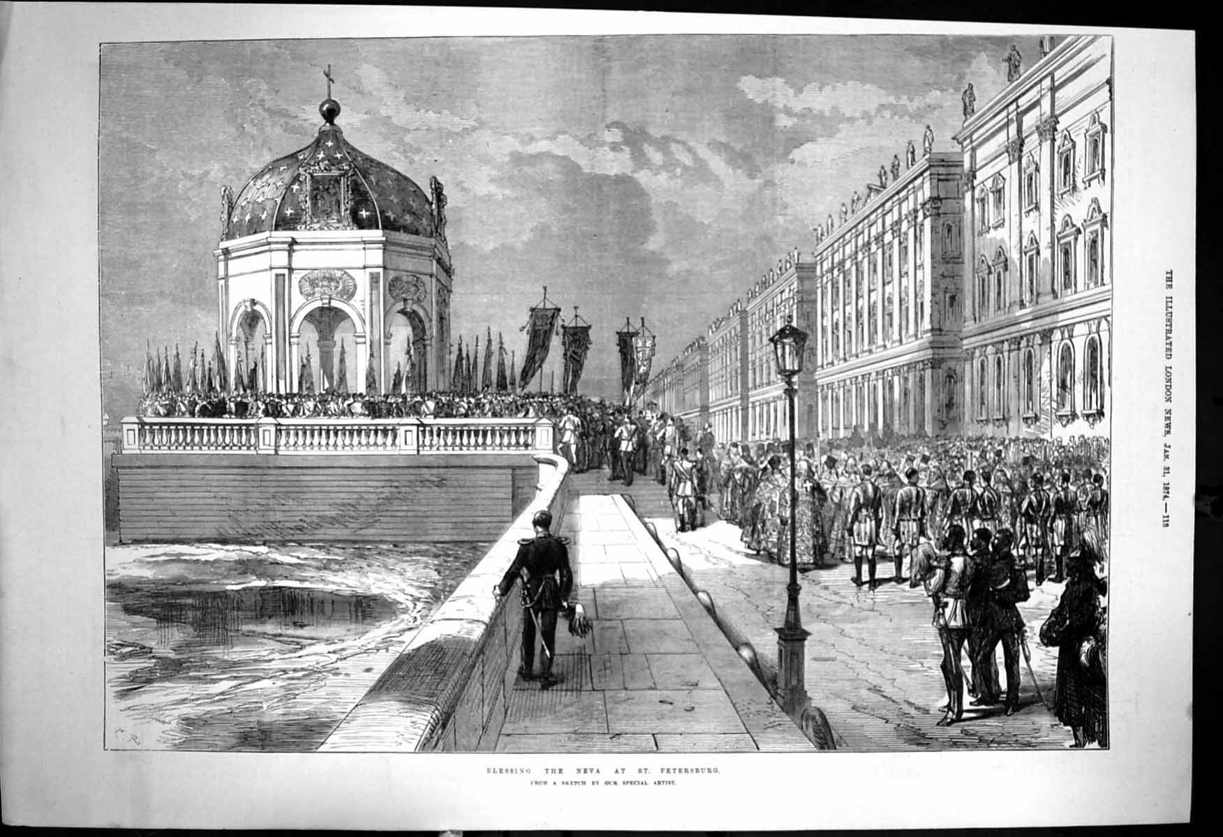 Original Old Antique Print Blessing Neva St Petersburg Crowds Flags 1874 19th