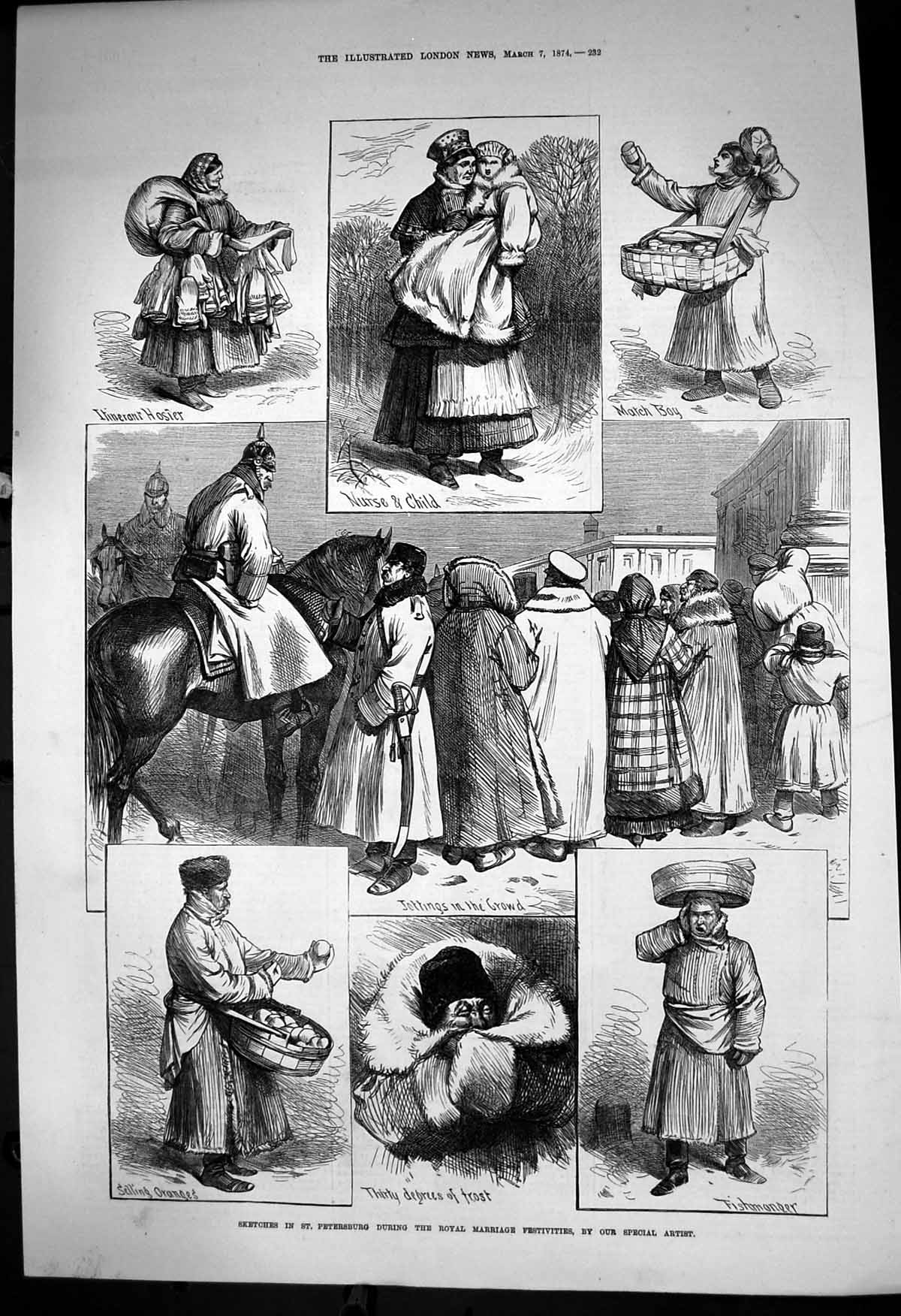 Antique Old Print St Petersburg During Marriage Festivities Fishmonger 1874