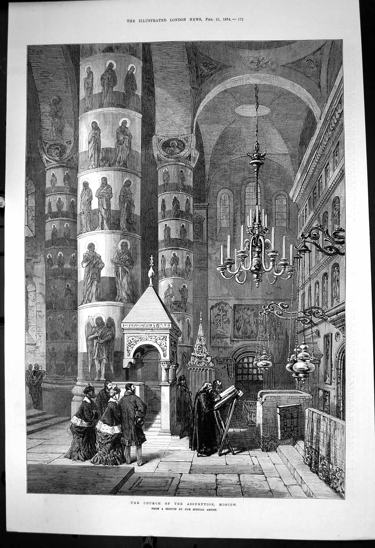 Original Old Antique Print Church Assumption Moscow Chandelier Engravings 1874