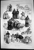 Antique Old Print St Petersburg Railway Carrier Porter Monk Nun Tradesman1874