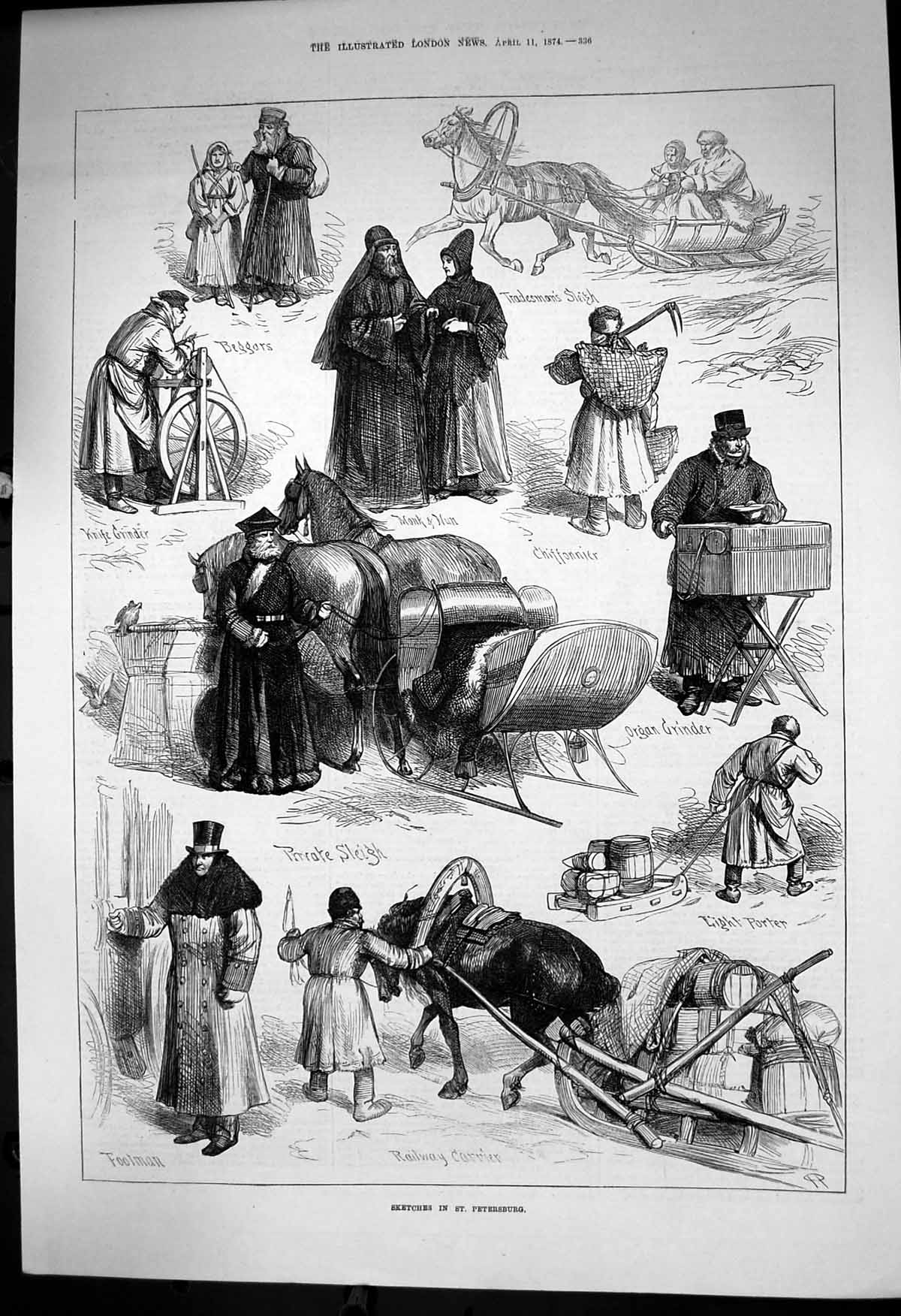 Antique Old Print St Petersburg Railway Carrier Porter Monk Nun Tradesman1874