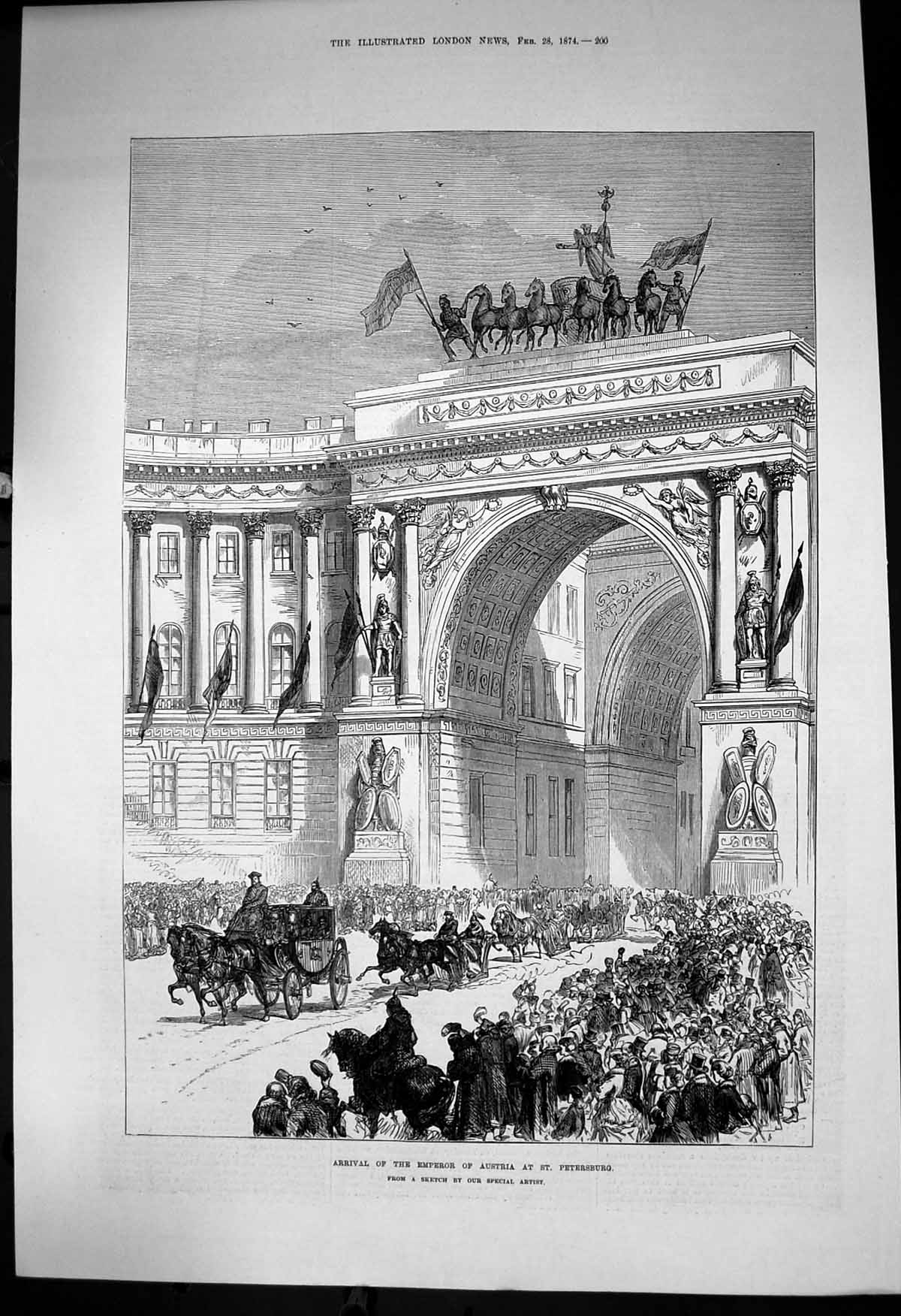 Original Old Antique Print Arrival Emperor Austria St Petersburg Crowds 1874