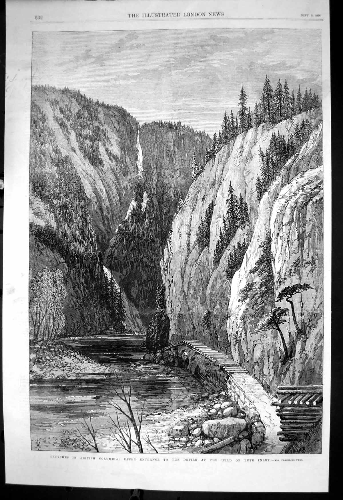 Antique Old Print British Columbia Upper Entrance Defile Head Bute Inlet 1868