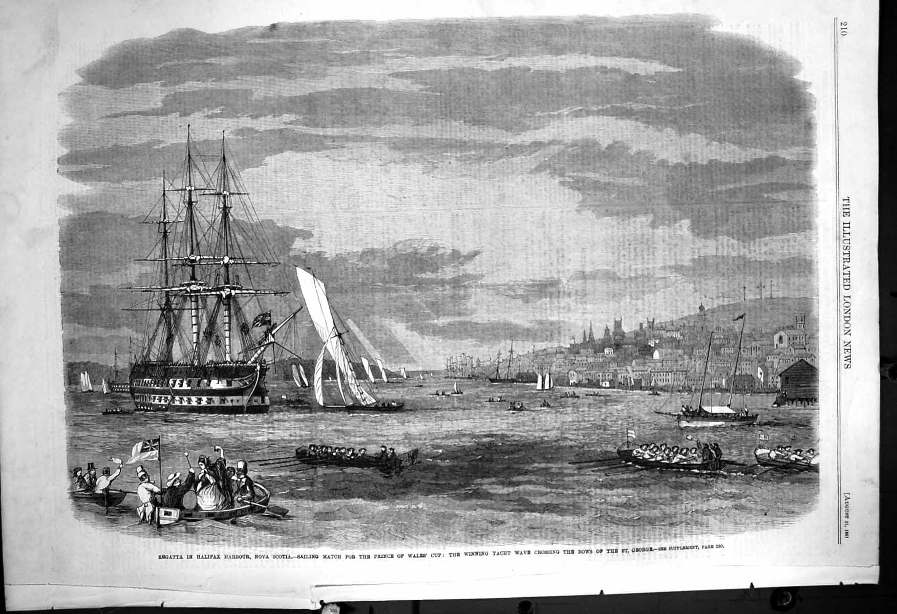 Antique Print Regatta Halifax Harbour Nova Scotia Sailing Match Yacht 1861 19th