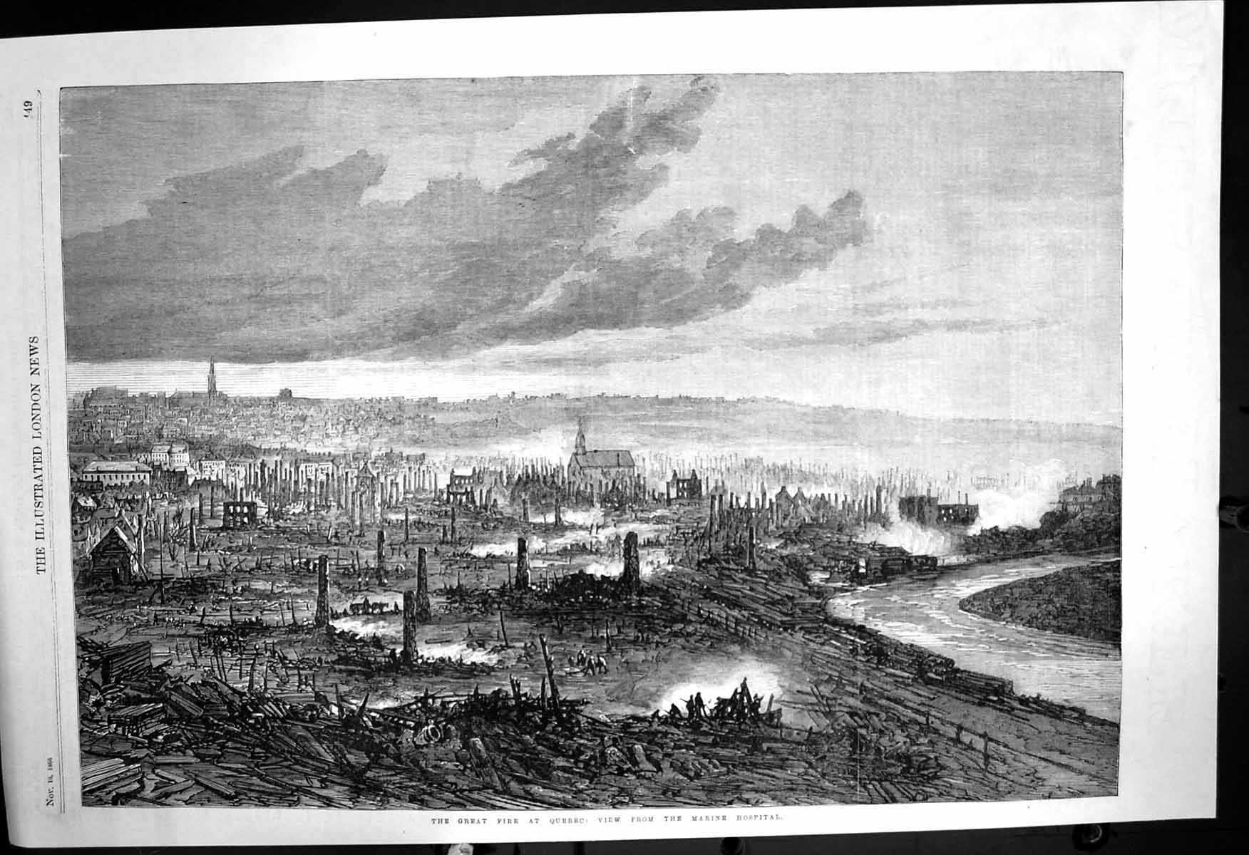 Original Old Antique Print Great Fire Quebec View From Marine Hospital 1866