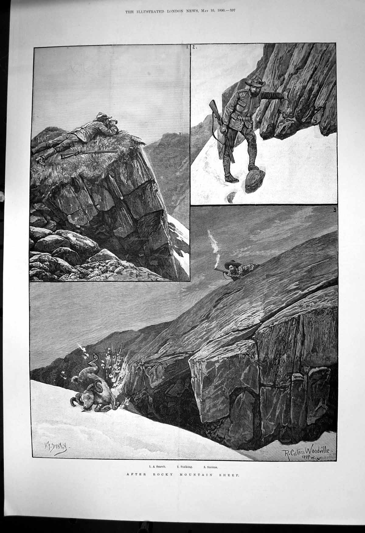 Original Old Antique Print Searching Shooting Rocky Mountain Sheep 1890 19th