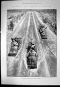 Original Old Antique Print Tobogganing Canada Park Slide Montreal 1886 19th