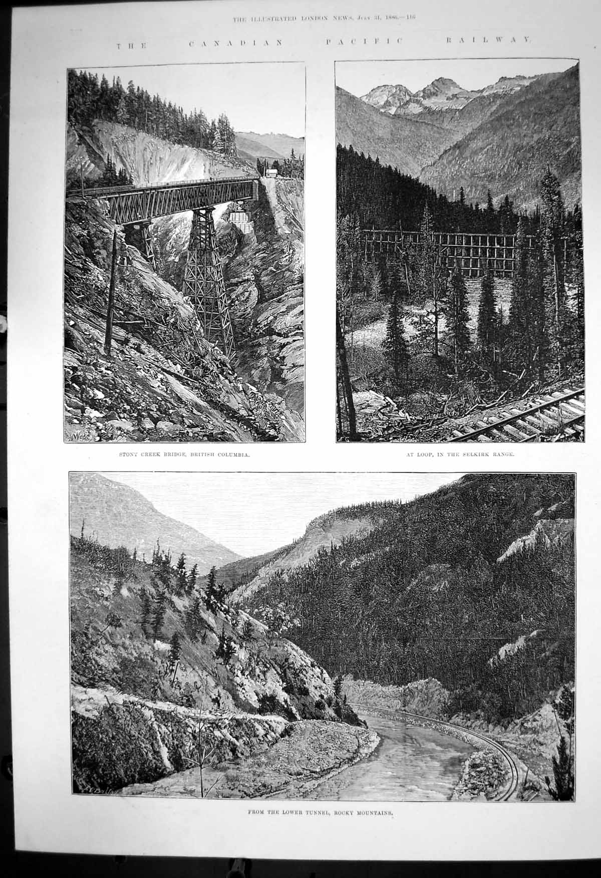 Antique Print Canadian Pacific Railway Stony Creek Bridge Loop Selkirk 1886