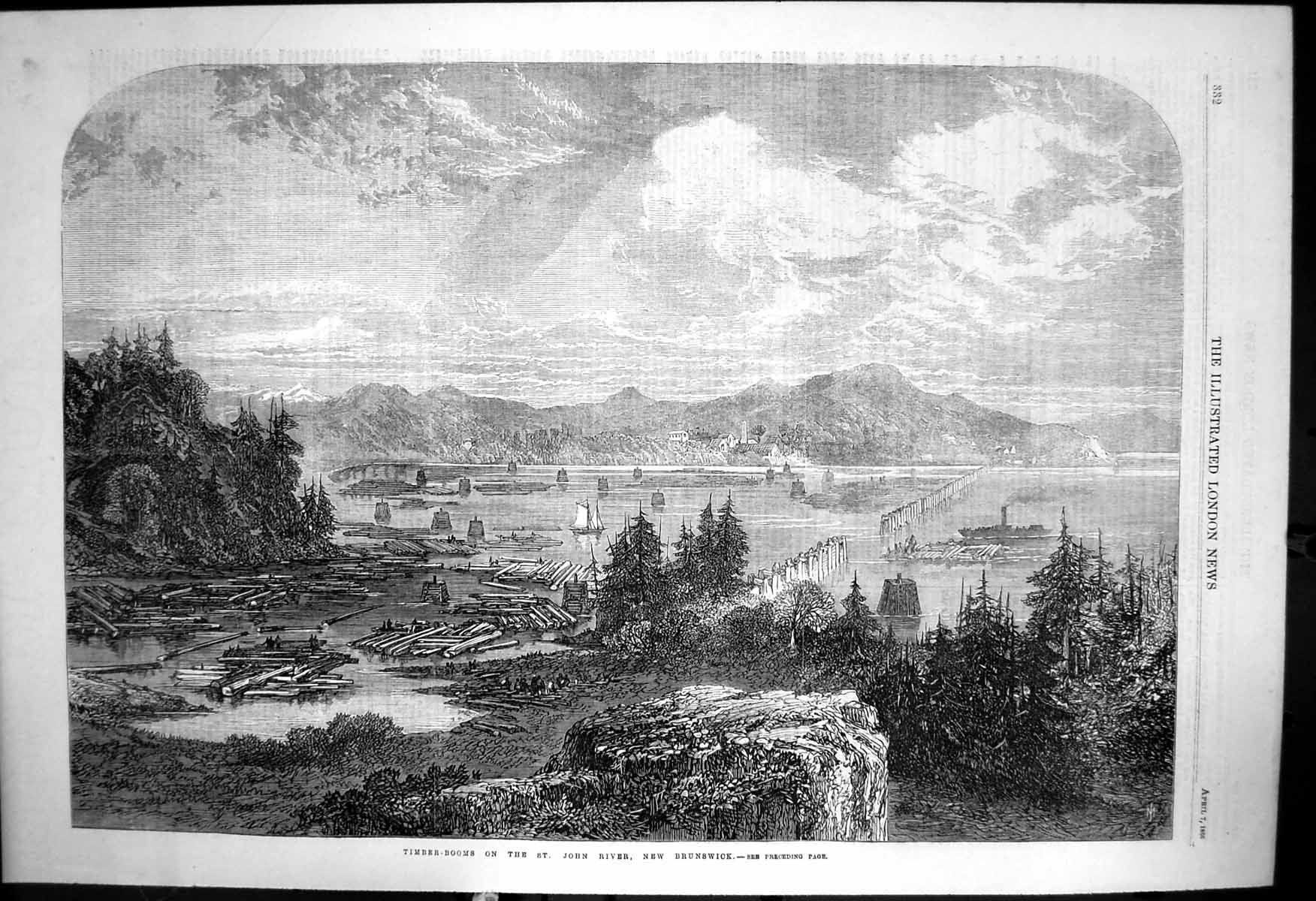 Original Old Antique Print Timber Booms St John River New Brunswick 1866 19th
