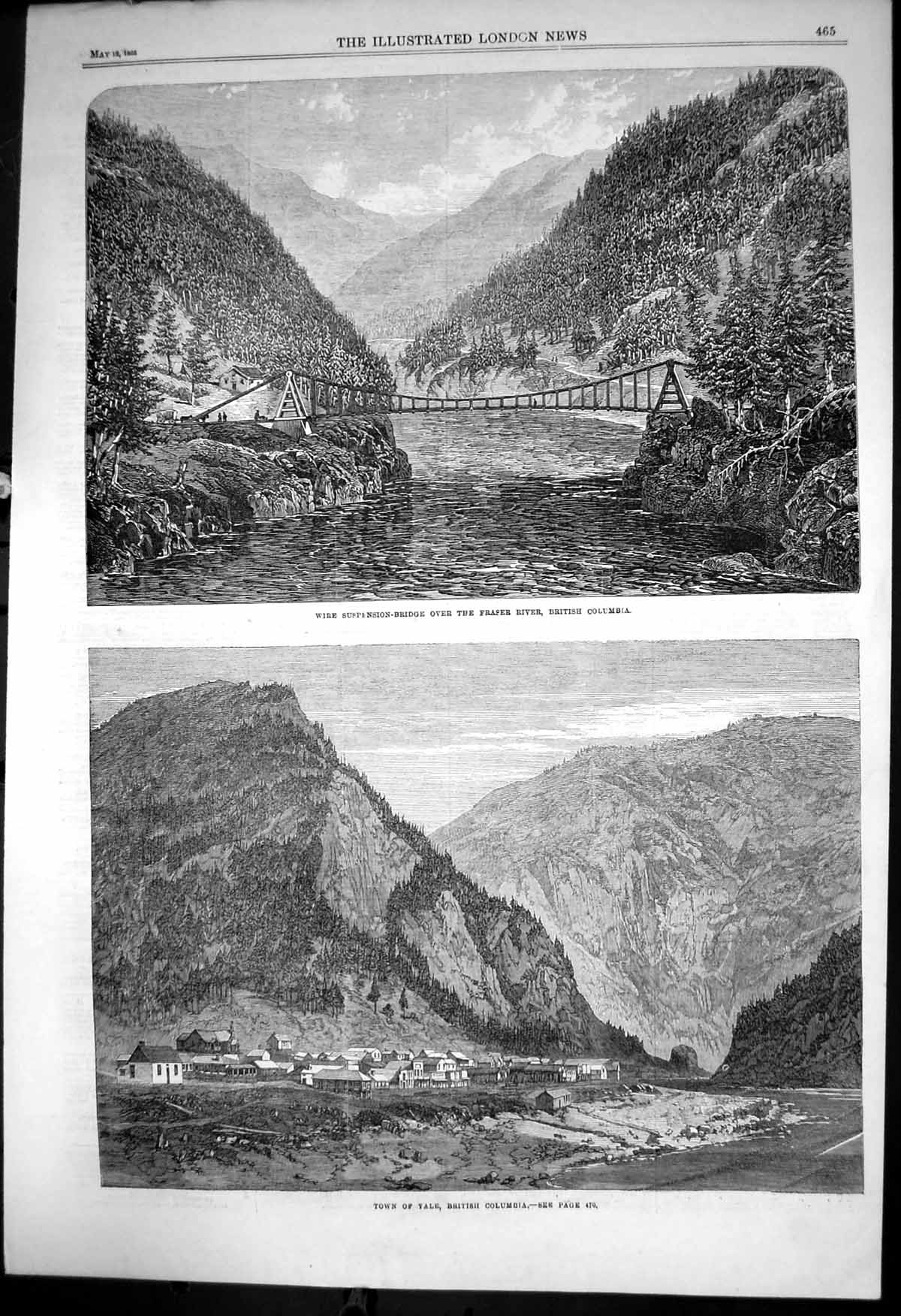 Antique Old Print British Columbia Yale Suspension Bridge Fraser River 1866