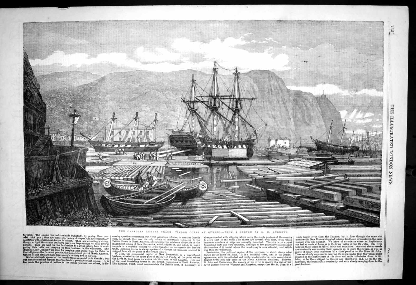 Antique Old Print Canadian Lumber Trade Timber Coves Quebec Gh Andrews 1863