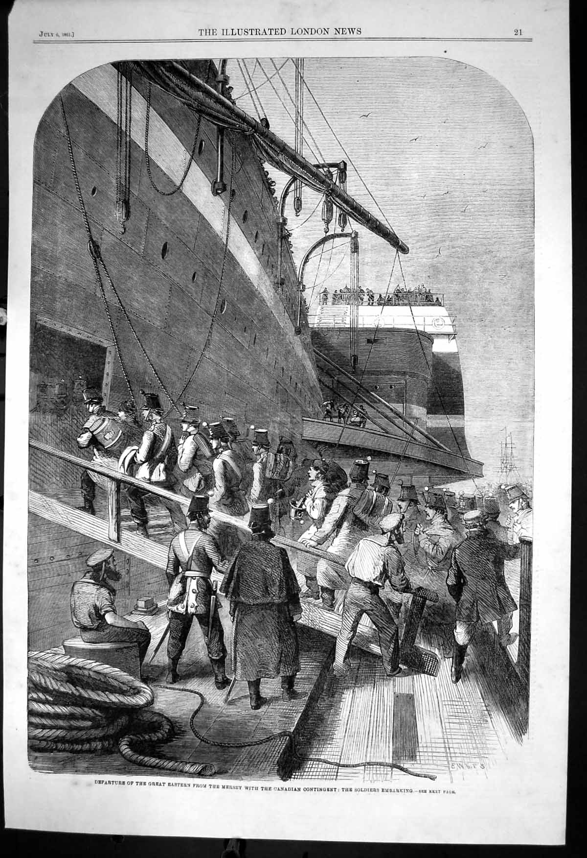 Old Antique Print Departure Great Eastern Mersey Canadian Contingent 1861 19th