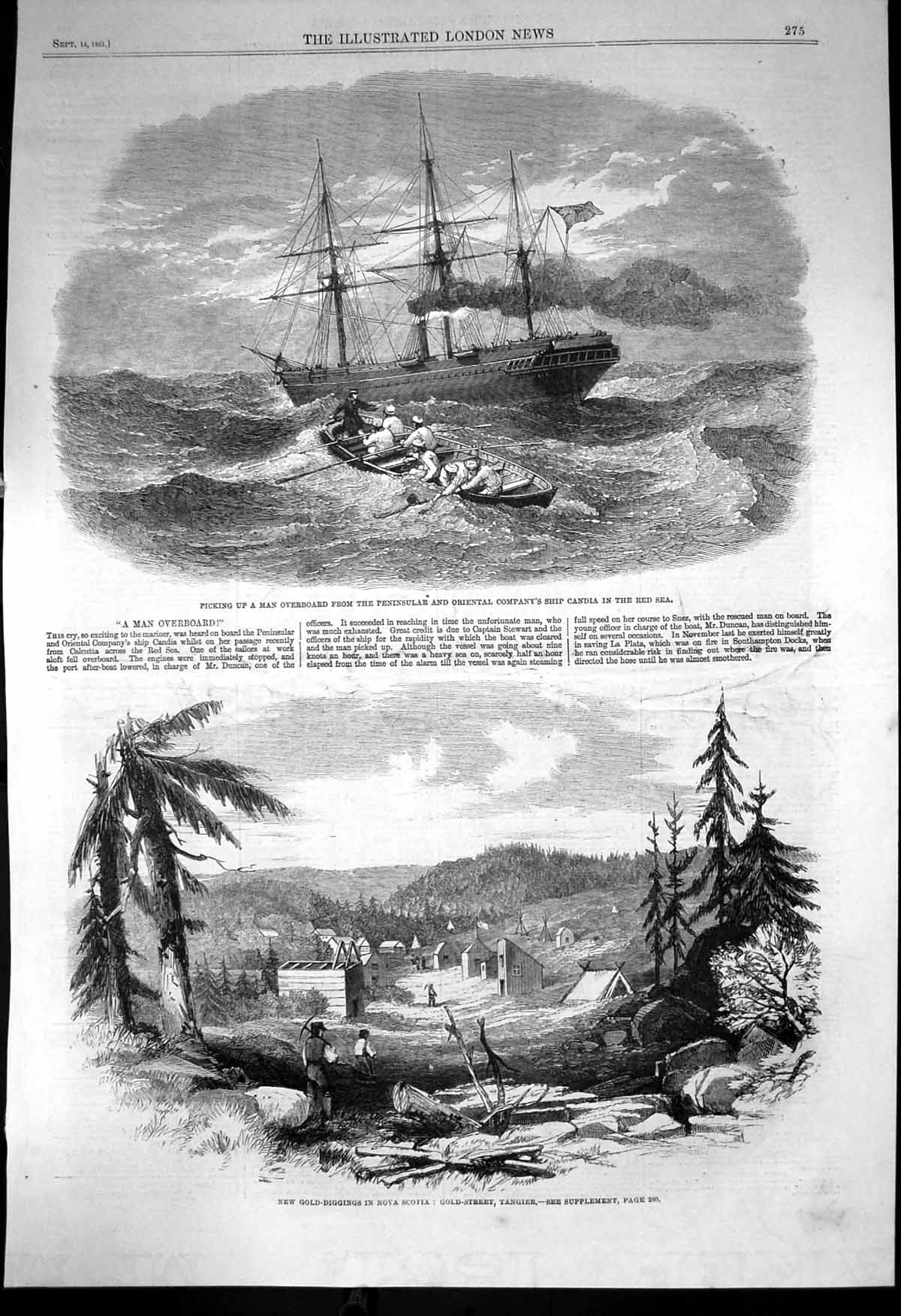 Original Old Antique Print GDiggings Tangier Man Overboard Candia Red Sea 1861