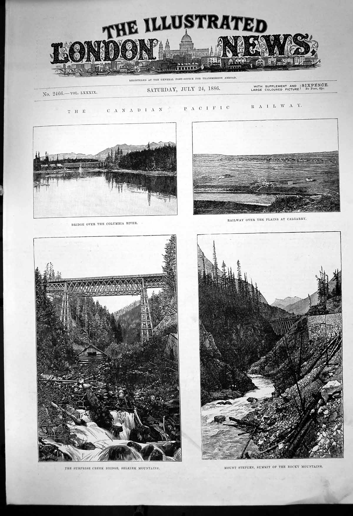 Antique Print Canadian Pacific Railway Creek Bridge Selkirk Mountains 1886 19th