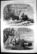 Antique Old Print Moose Hunting Canada Hunters Horse Sledge Encampment 1858