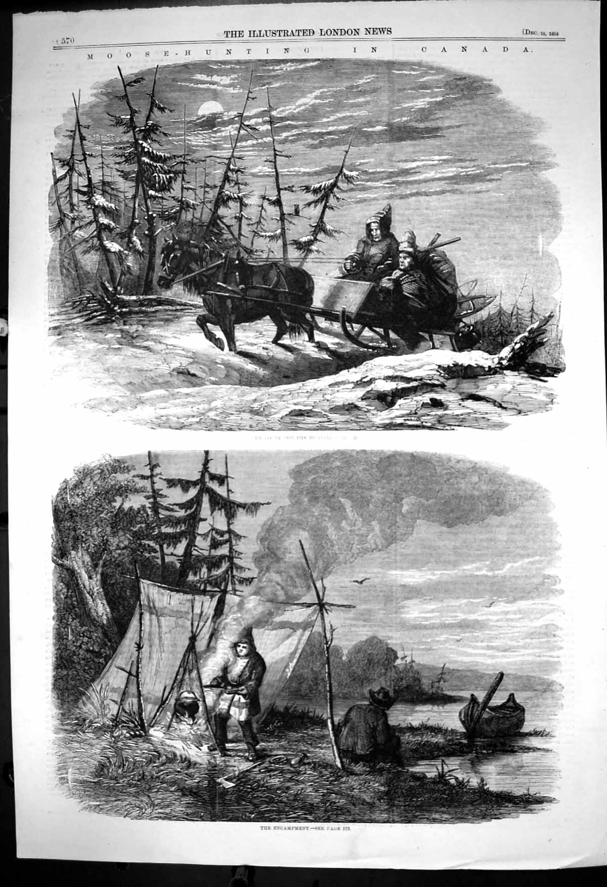 Antique Old Print Moose Hunting Canada Hunters Horse Sledge Encampment 1858