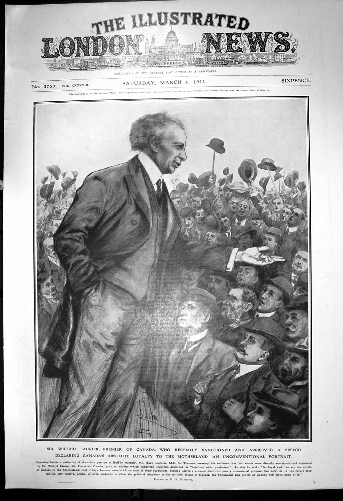 Old Print Sir Wilfred Laurier Premier Canada Speech Canadas Loyalty 1911 20th