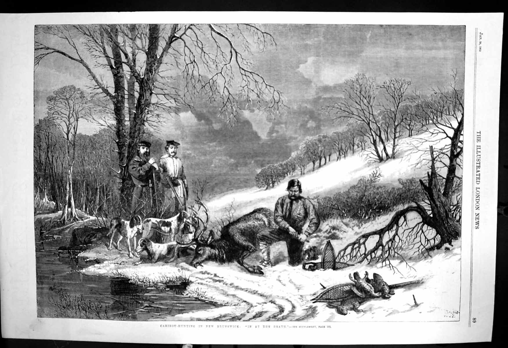 Old Antique Print Caribu Hunting New Brunswick Rabbits Hunters Dogs 1863 19th