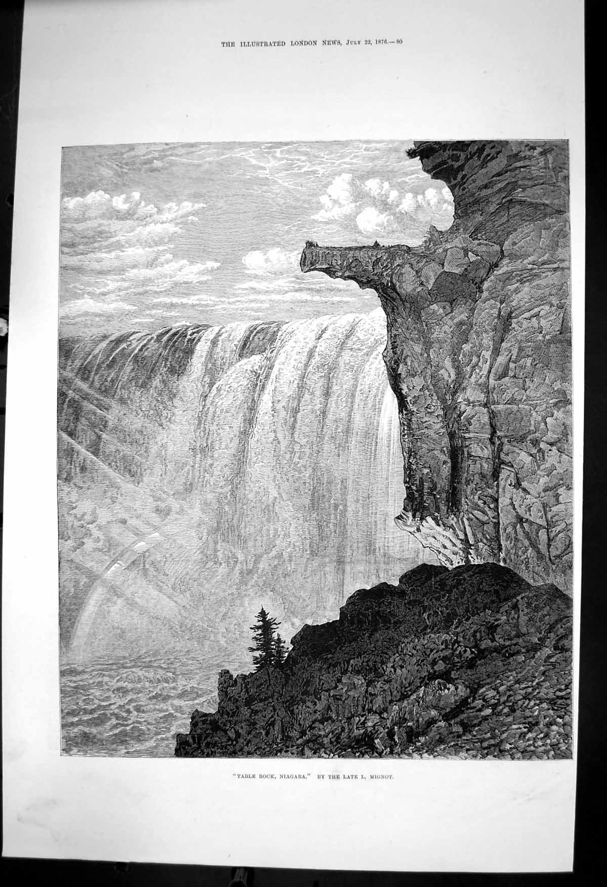 Original Old Antique Print Table Rock Niagara Falls Rainbow L Mignot 1876 19th