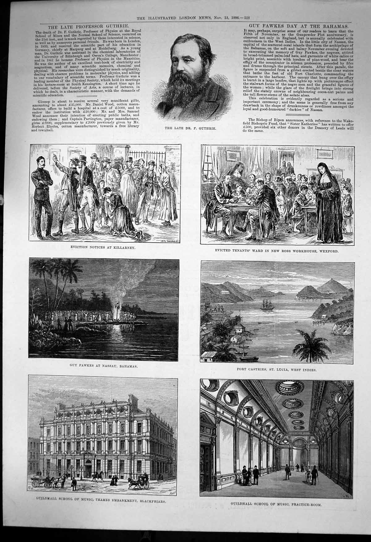Antique Old Print Professor Guthrie Evictions Killarney Wexford Nassau 1886