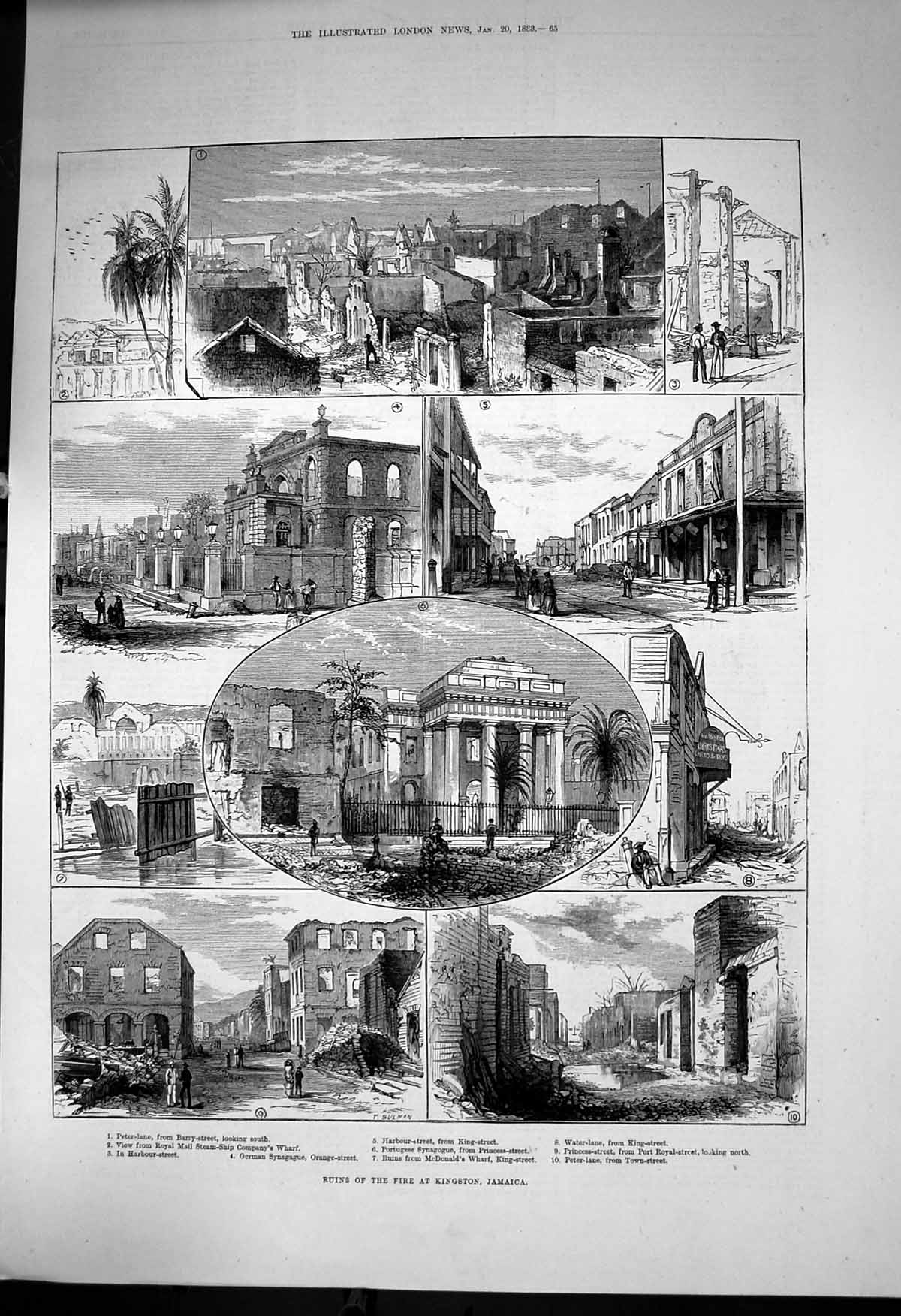 Antique Old Print Ruins Fire Kingston Jamaica Harbour Street Peter Lane 1883