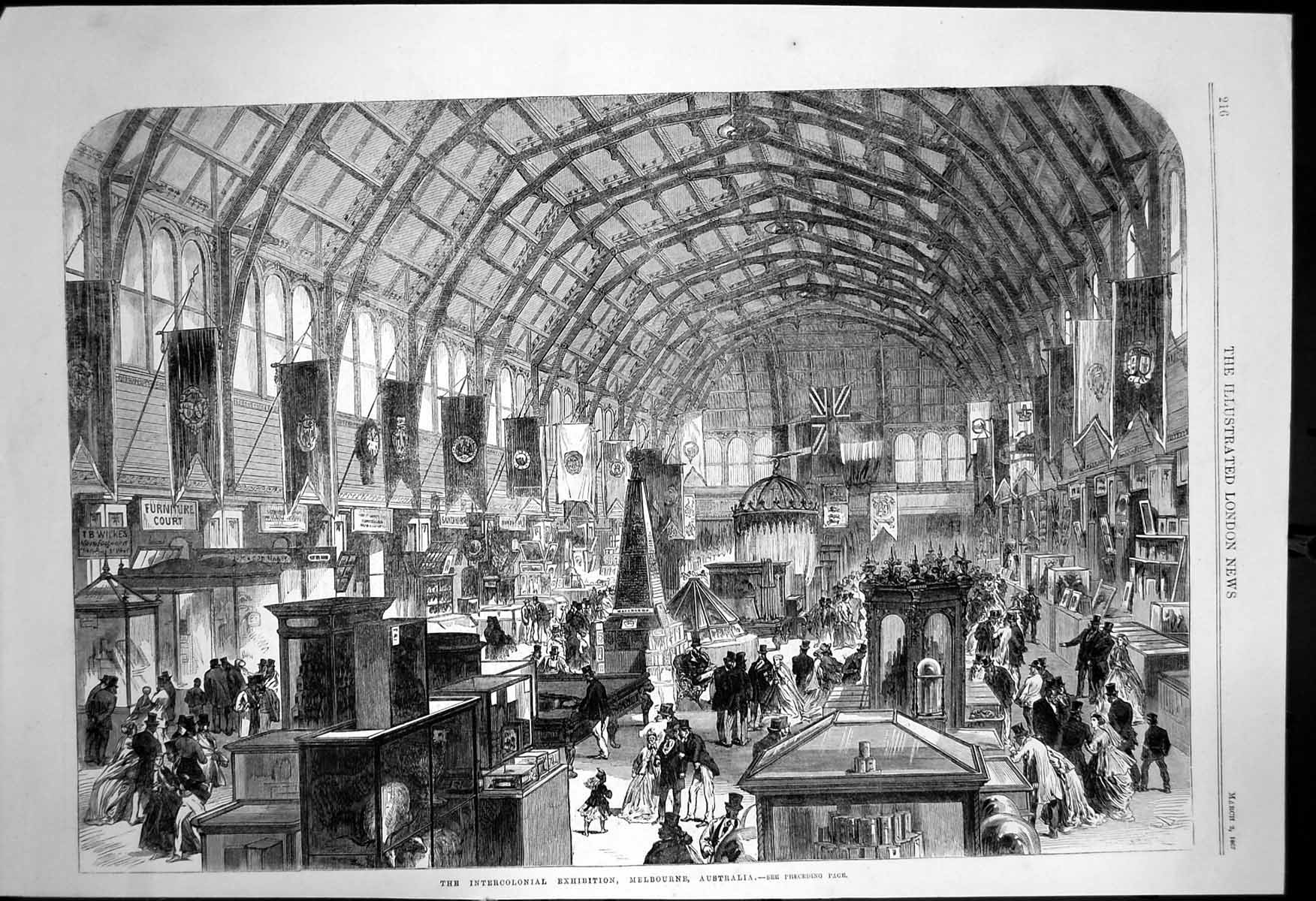Old Antique Print Intercolonial Exhibition Melbourne Australia 1867 Ref.2 19th