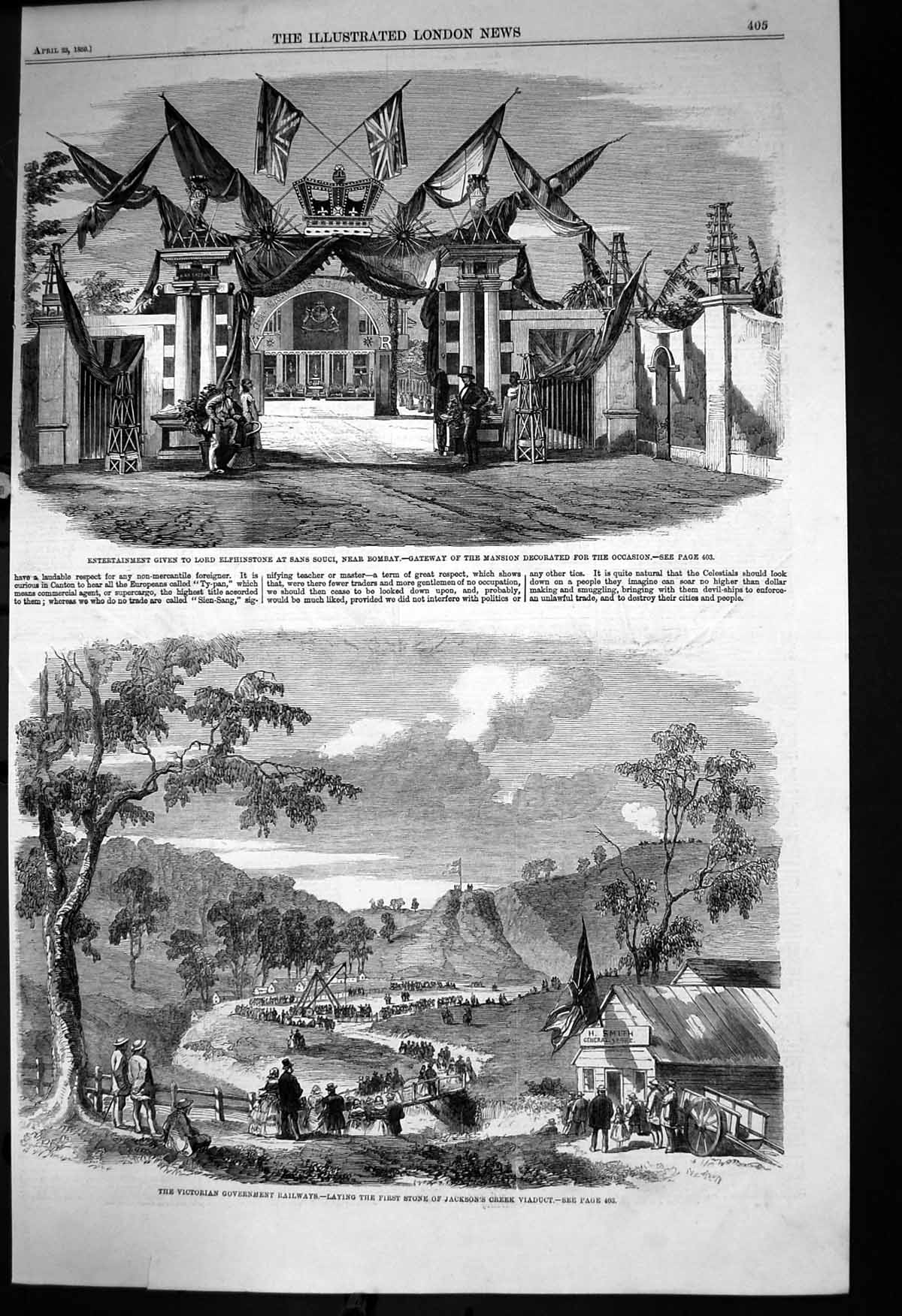 Antique Old Print Jacksons Creek Viaduct Lord Elphinstone Bombay Mansion 1859