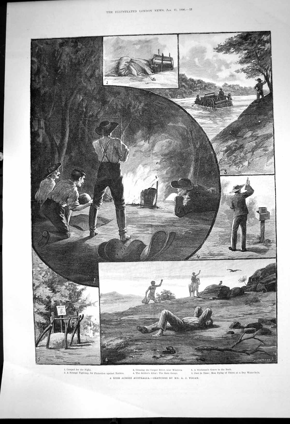 Antique Print Ride Across Australia Vogan Cooper River Stockmans Grave 1890