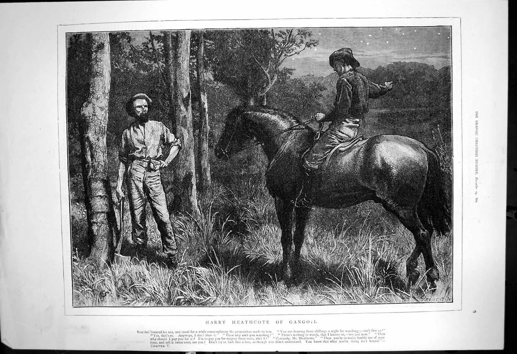 Original Old Antique Print Harry Heathcote Gangoil Boscobel Axe Watching 1873