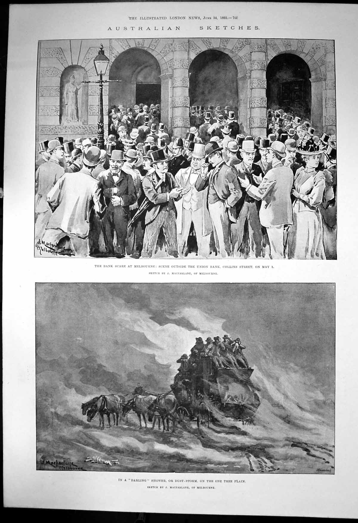 Old Print Bank Scare Melbourne Union Bank Dust Storm One Tree Plain 1893 19th