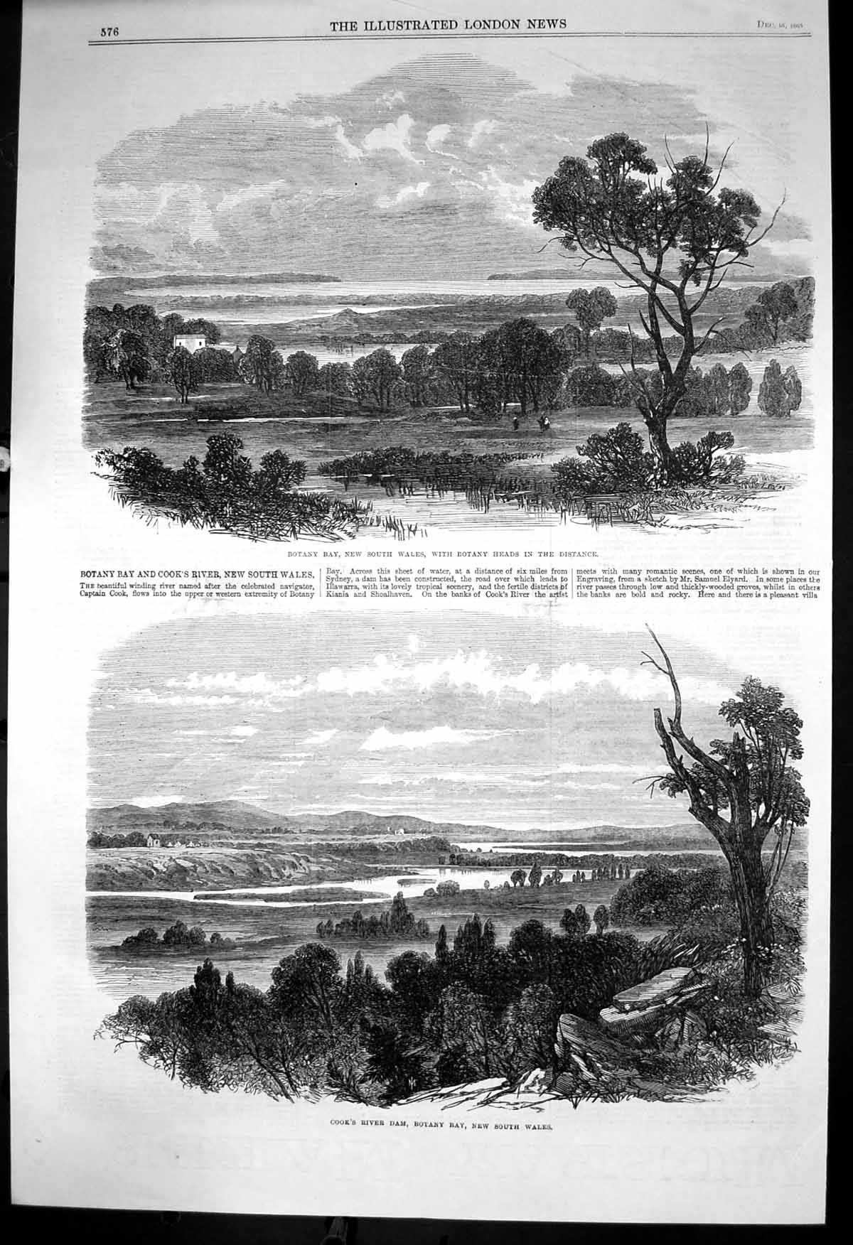 Old Antique Print Botany Bay New South Wales Cooks River Dam Heads 1865 19th