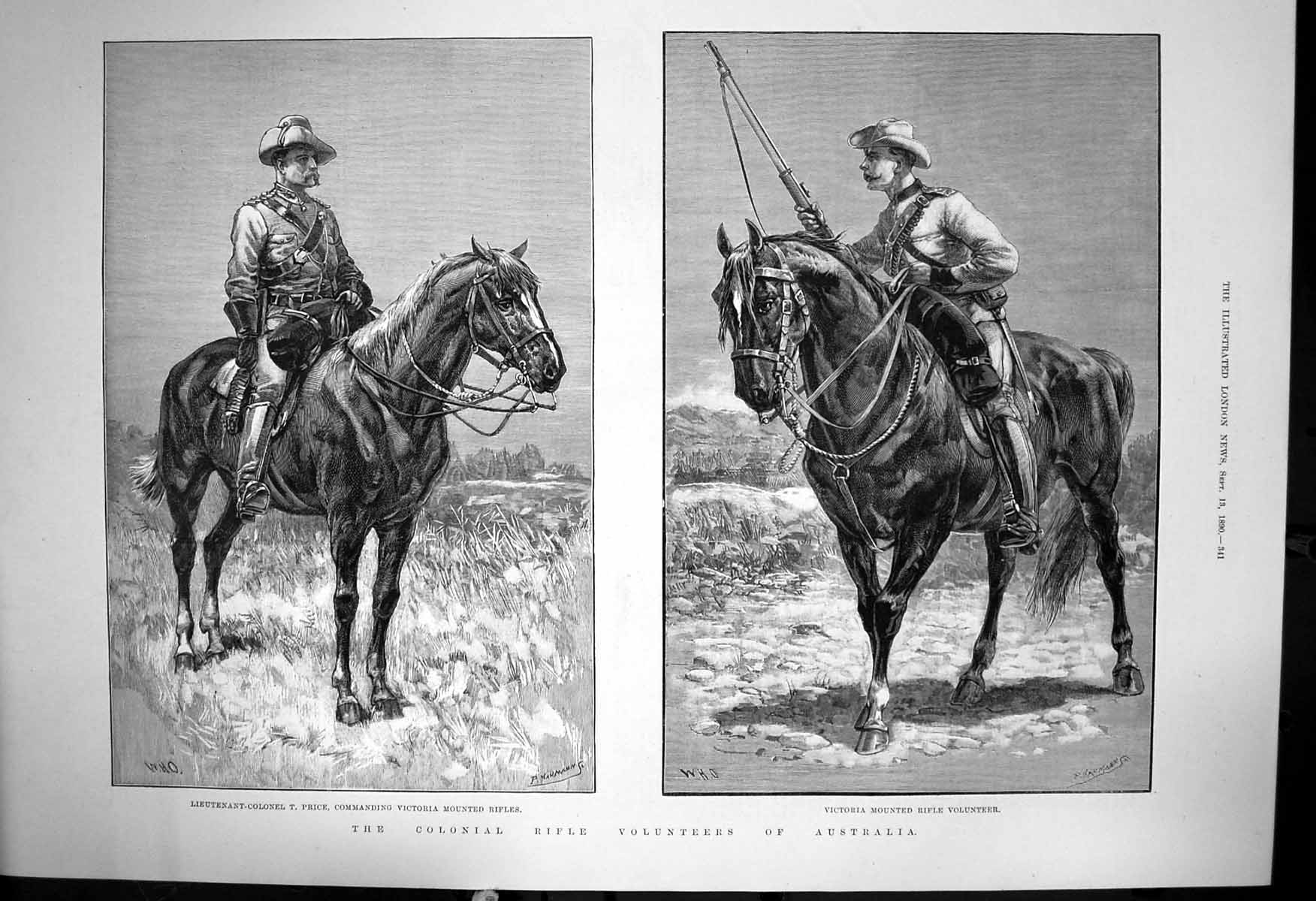 Old Print Colonial Rifle Volunteers Australia T Price Mounted Rifles 1890 19th