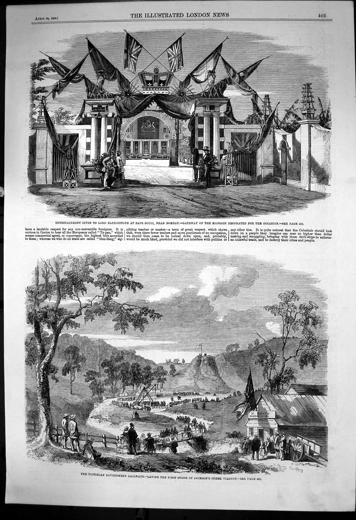 Original Old Antique Print Government Railways Jacksons Creek Viaduct 1859 19th