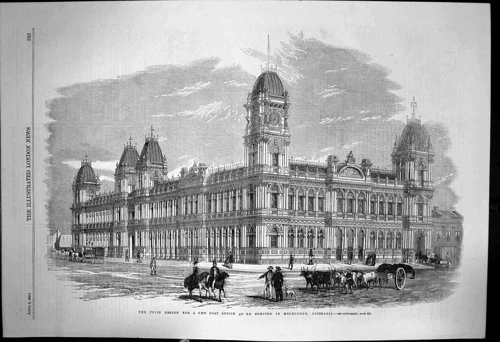 Antique Old Print Prize Design New Post Office To Be Erected Melbourne 1859