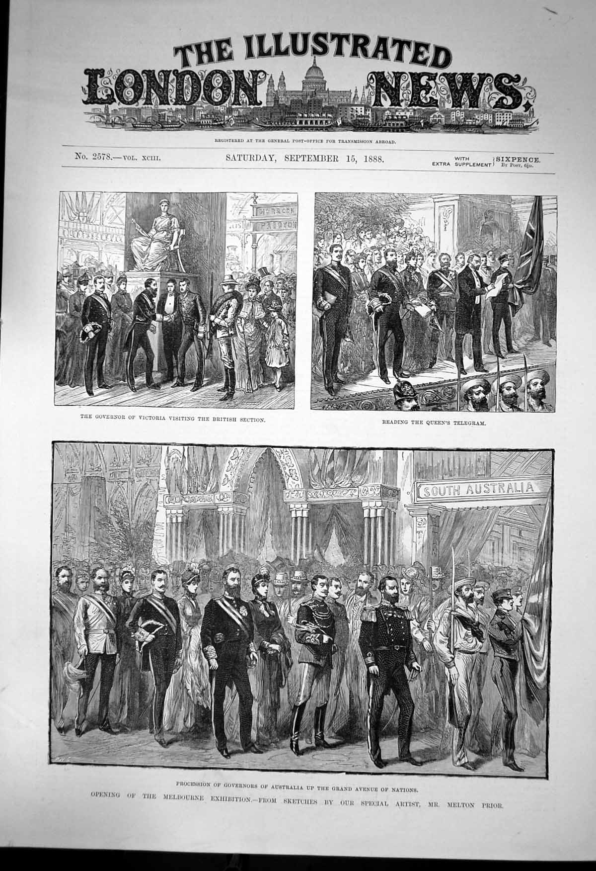 Original Old Antique Print Opening Melbourne Exhibition Governor Victoria 1888