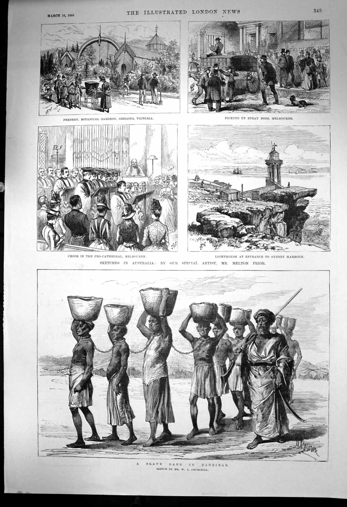 Antique Old Print Slave Gang Zanzibar Lighthouse Sydney Harbour Victoria 1889