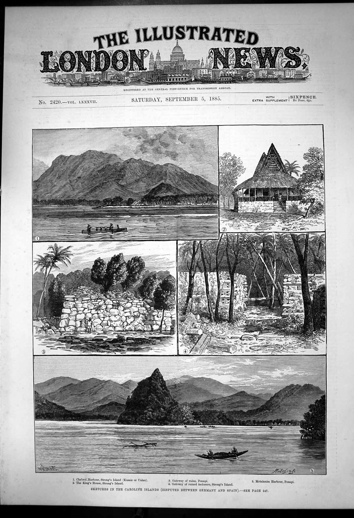Antique Old Print Caroline Islands Chabrol Harbour Strongs Island Ponapi 1885