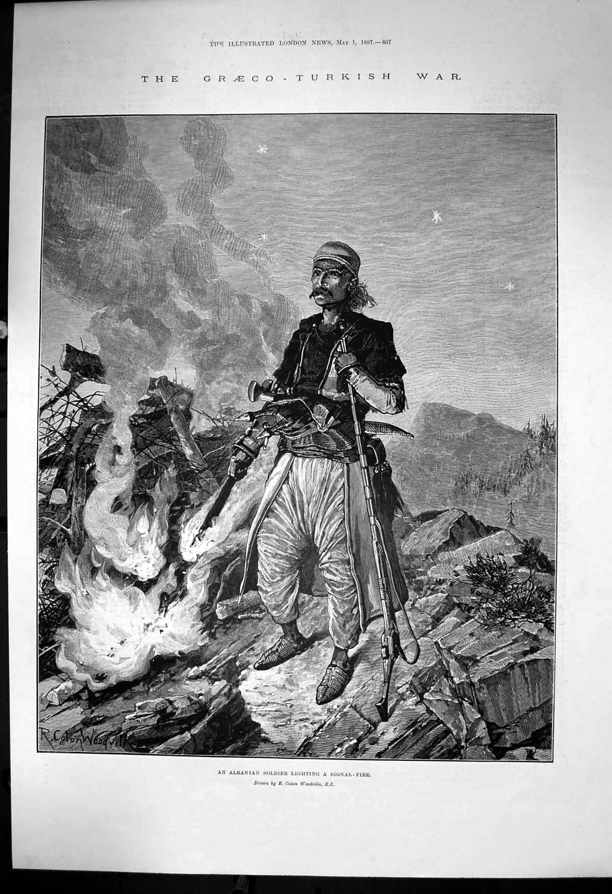 Antique Old Print Graeco Turkish War Albanian Sier Lighting Signal Fire 1897