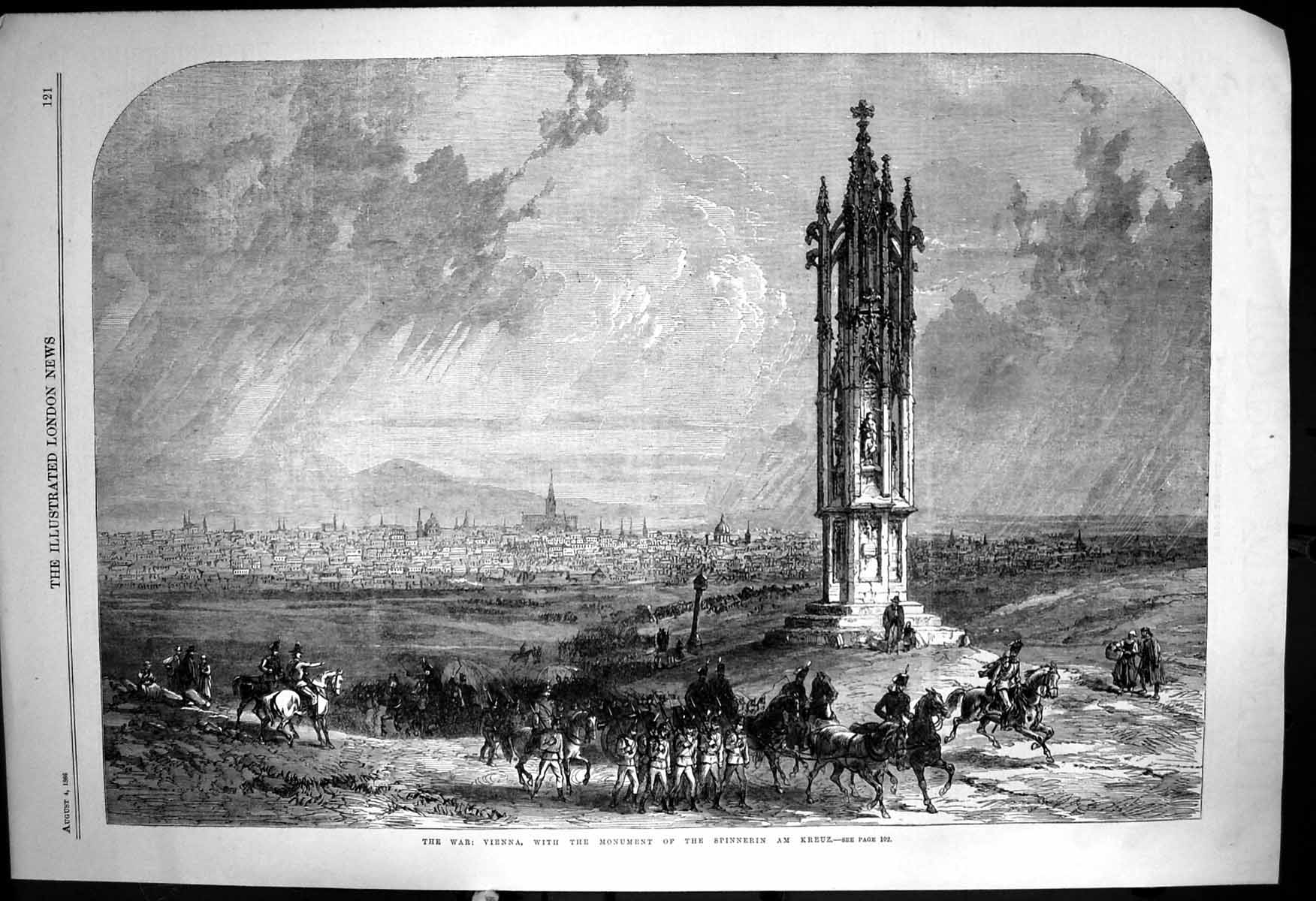 Original Old Antique Print War Vienna Monument Spinnerin Am Kreuz 1866 19th