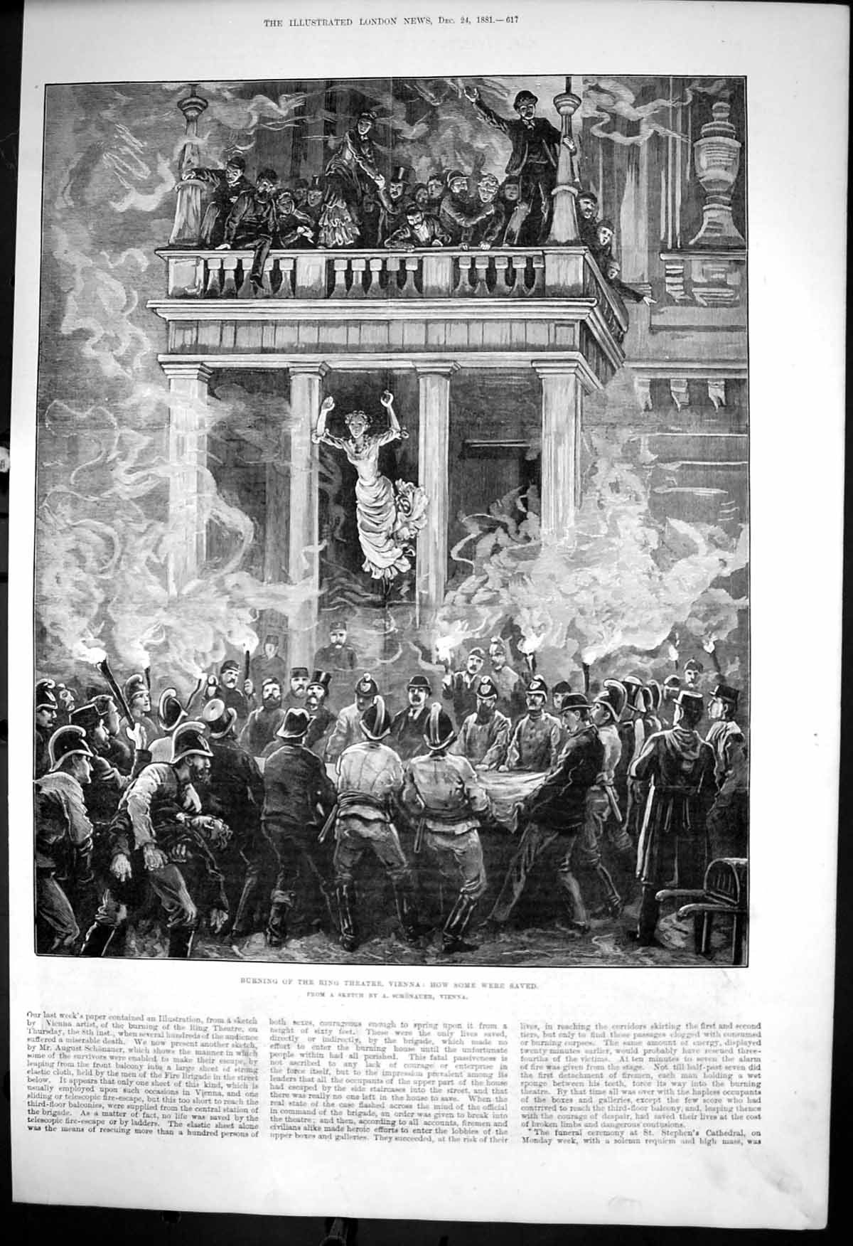 Antique Old Print Burning Ring Theatre Vienna Some Saved Jumping Blanket 1881