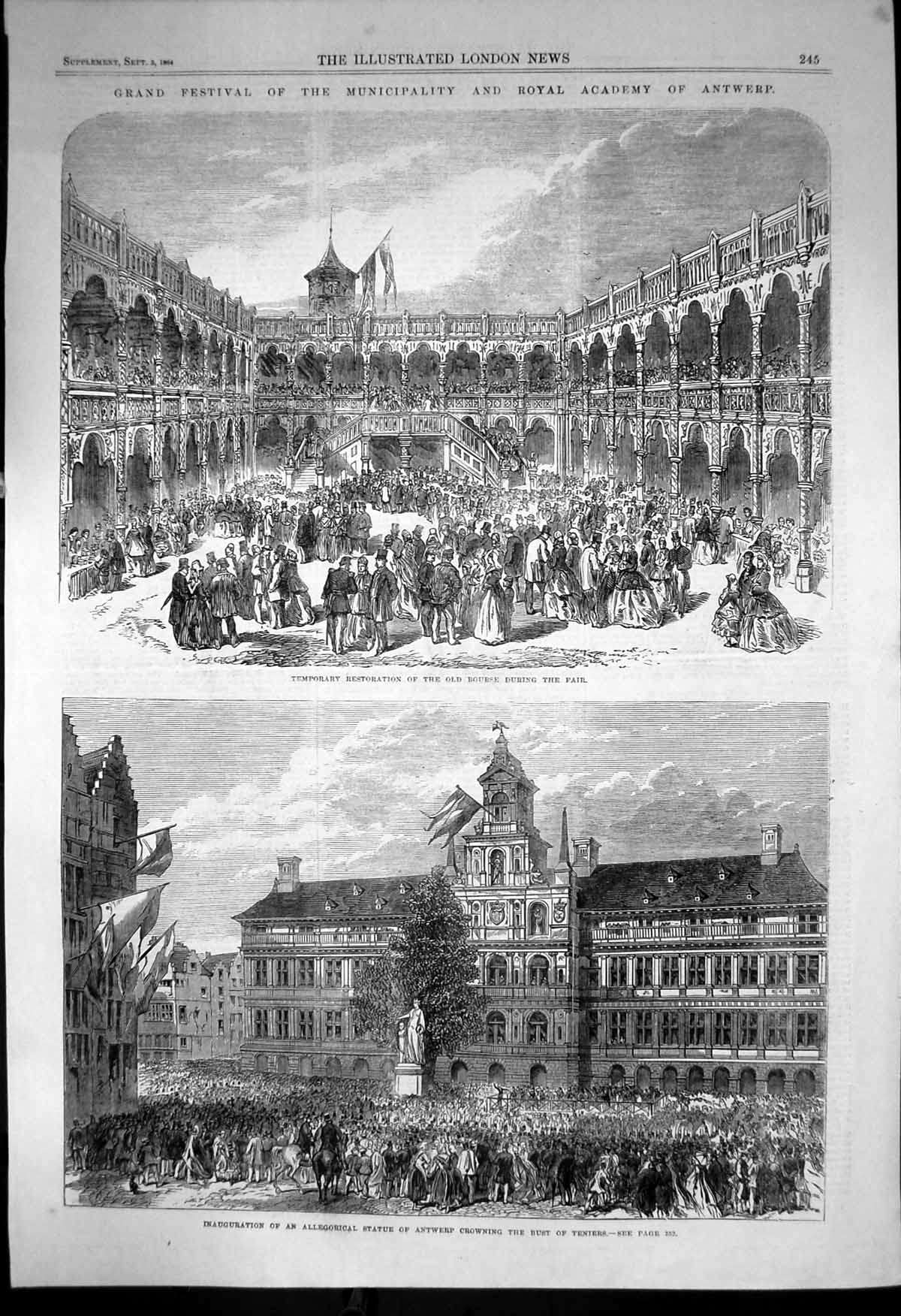 Old Print Grand Festival Municipality Royal Academy Antwerp Teniers 1864 19th